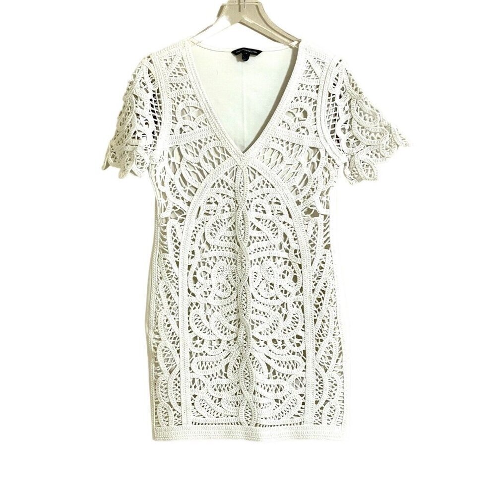 French Connection White Crochet Embroidery Mini Short Dress V Neck Sz 10 L - Picture 5 of 16